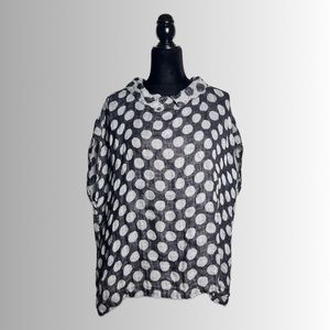 Flax Linen Peter Pan Collar Polka Dot’d Tunic, Blu&White Color-Way, M